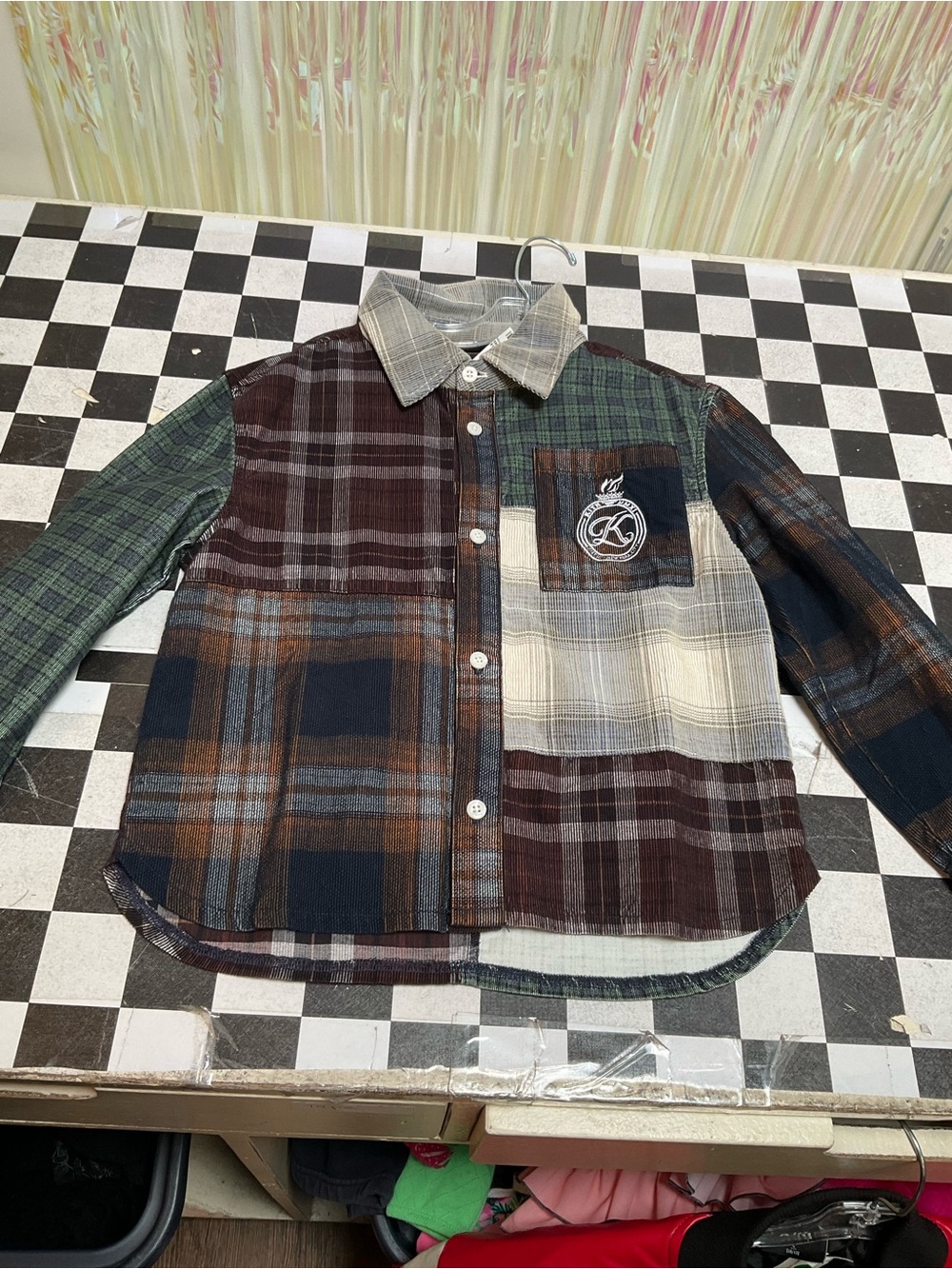Kith Kids Multi-Check Button Shirt in Cream, Blue, Brown